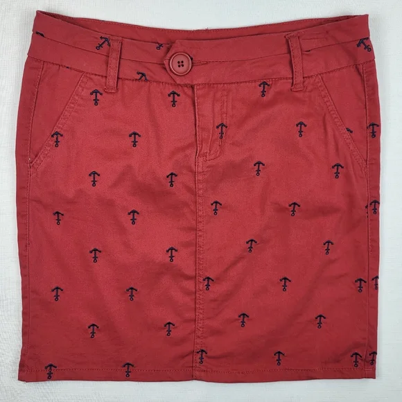British Khaki SKIRT Womens Size 2 Red w Navy Blue Embroidered Anchors Nautical - Picture 11 of 11